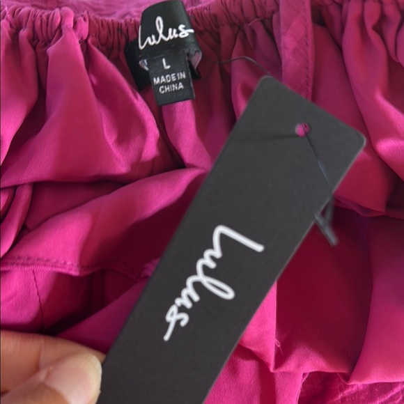 Lulu's Always Precious Magenta Puff Sleeve Tiered Tie Back Mini Dress Size L - Picture 12 of 13